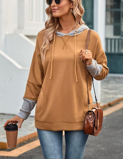 Women'S Oversized Color Block Long Sleeve Tunic Sweaters Tops Sweatshirt Khaki L
